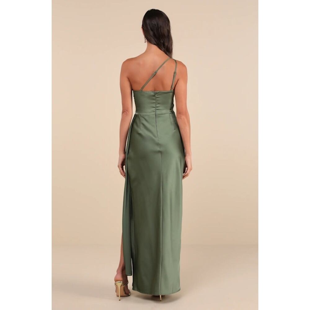 NWT Lulus Signature Elegance Olive Green Satin One-Shoulder Maxi Dress Gala Sz M - Picture 3 of 10